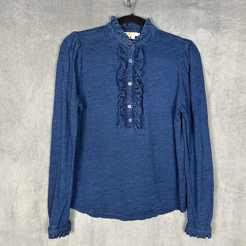 Boden Top Womens 6 Blue Ruffle Front Long Sleeve Preppy Coastal Career Neutral